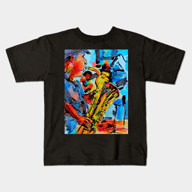 Saxophone Player Music Jazz Blues Abstract Art Kids T-Shirt by GinetteArt